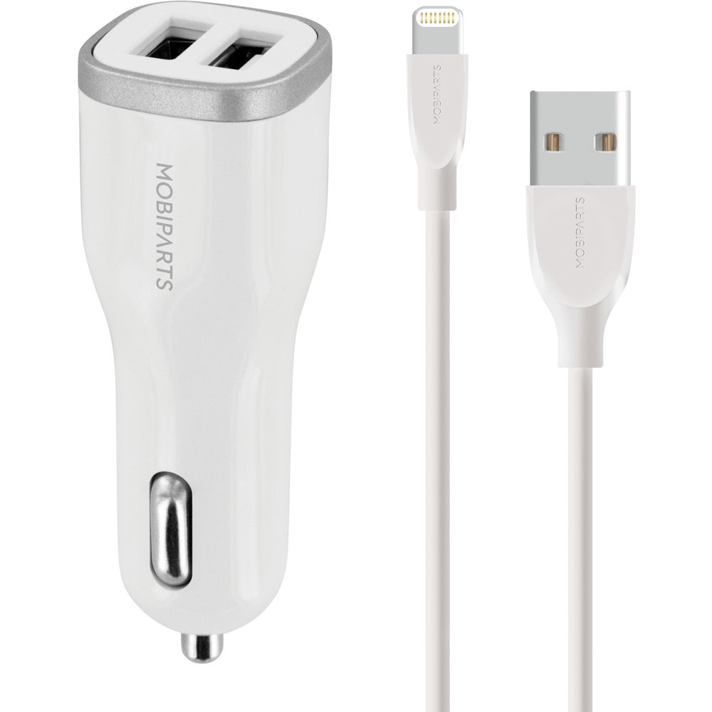 Mobiparts Car Charger Dual USB 12W/2.4A + Lightning Cable White